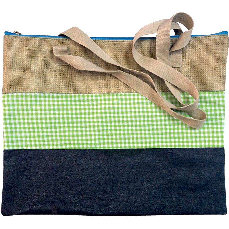 4stationery Hessian And Denim Shoulder Bag Green Check