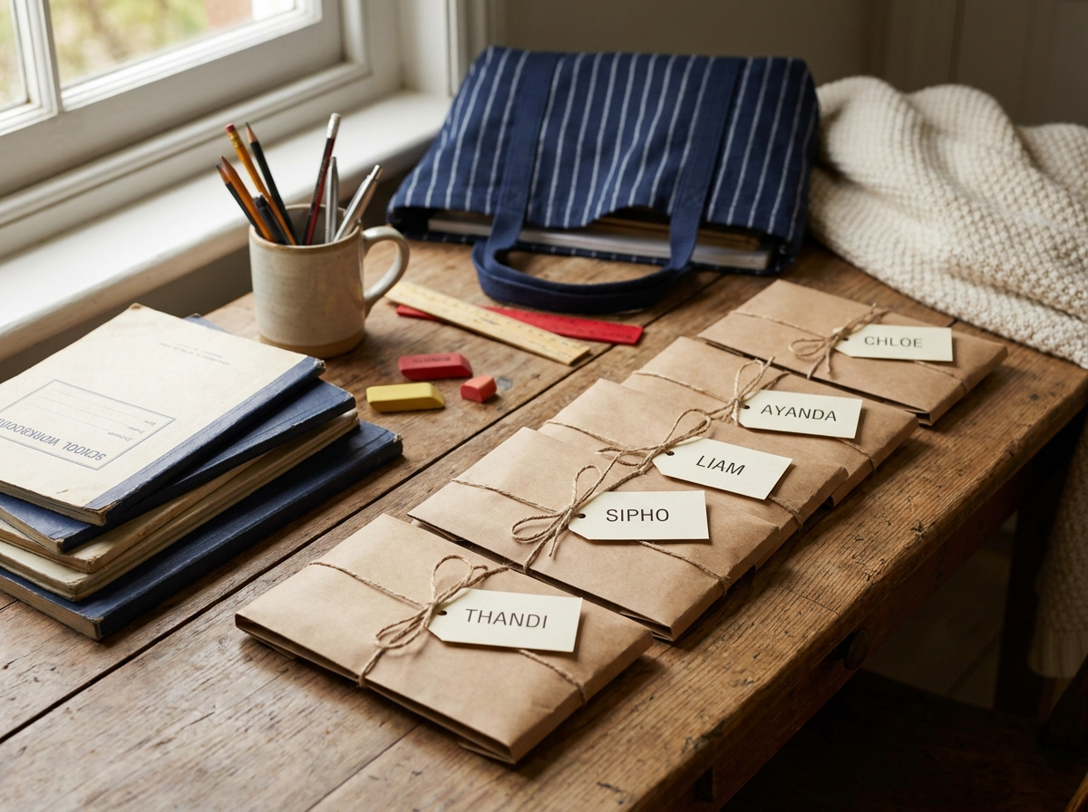 Labelled stationery kits ready for the first day of school